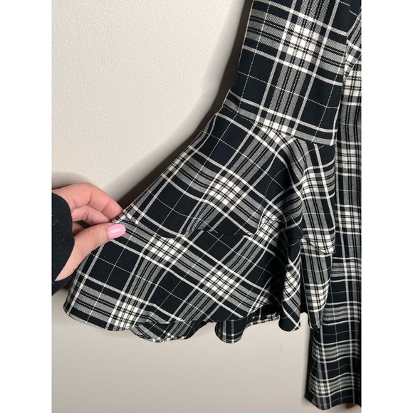 Alice + Olivia Jem Plaid Ruffle Bell Sleeve Button Shirt Dress Black Women's S/P - Picture 10 of 13